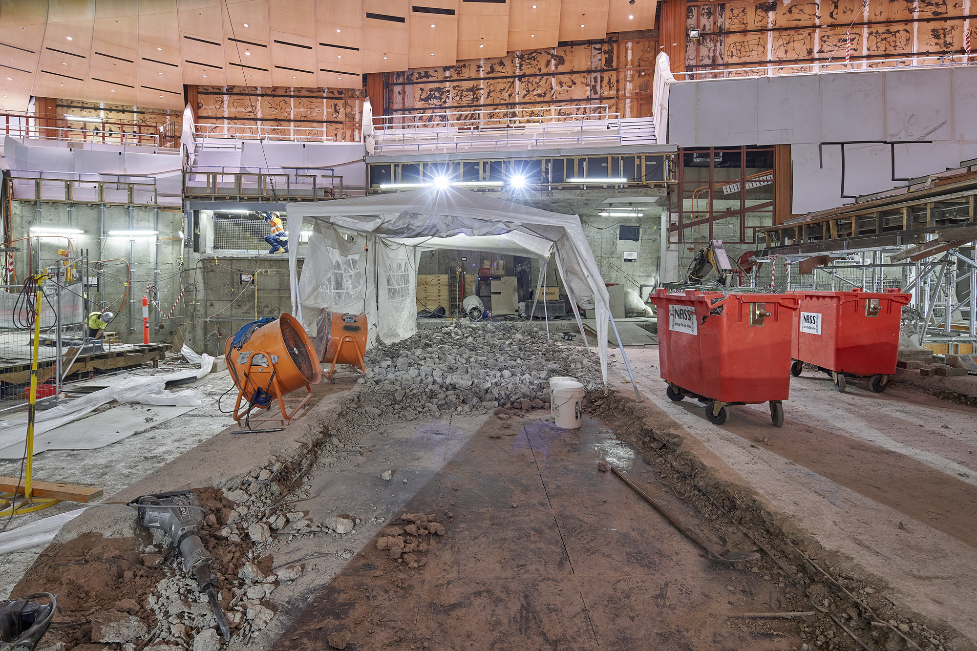 Old concrete stage being demolished in the Concert Hall.