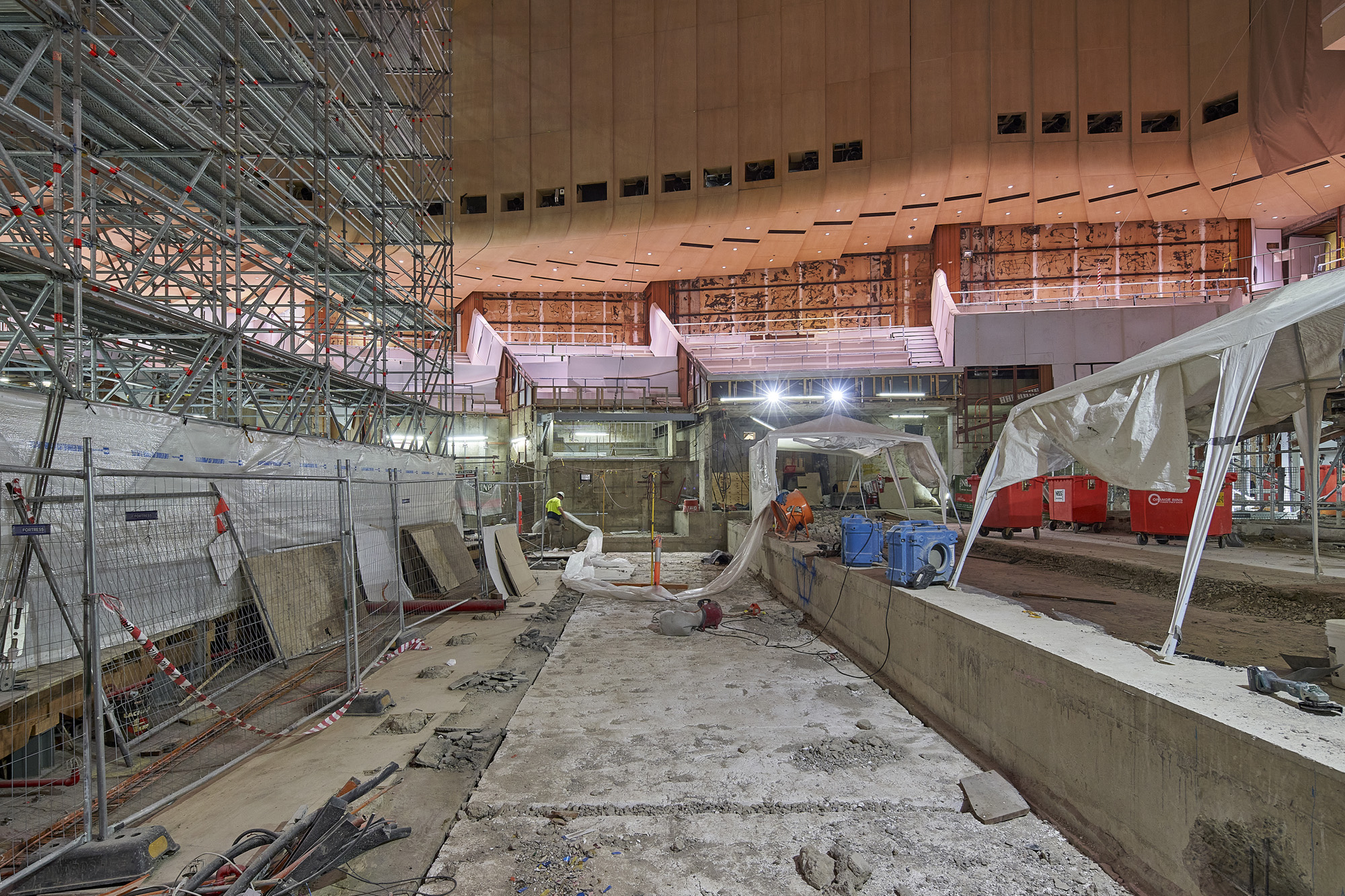 Old concrete stage being demolished in the Concert Hall.