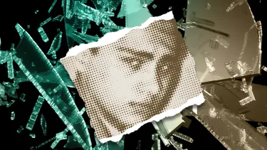 A speckled sepia image of a young boy against a background of broken glass