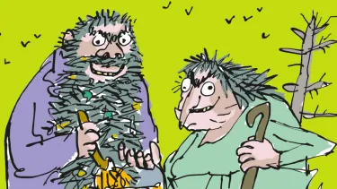 Two cartoon characters stand together. One wears a purple outfit and holds a paintbrush dipped in yellow paint; the other wears green, leans on a cane, and has messy hair. The background is bright green.