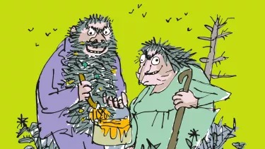 Two cartoon characters stand together. One wears a purple outfit and holds a paintbrush dipped in yellow paint; the other wears green, leans on a cane, and has messy hair. The background is bright green.