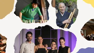 A collage of musicians featuring a woman in green playing a stringed instrument, a man in traditional attire holding flutes, and a smiling group of four elegantly dressed people.