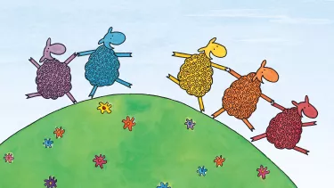 An illustration of five coloured sheep holding hands and skipping through a field.