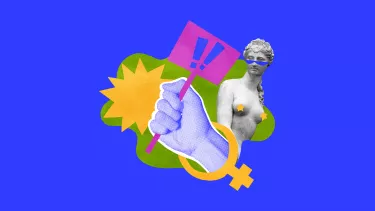 A collage on a bright blue background. A hand holds a sign with exclamation marks on it. Behind this is a Greek statue of a woman wearing sunglasses.