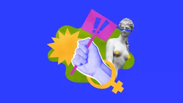 A collage on a bright blue background. A hand holds a sign with exclamation marks on it. Behind this is a Greek statue of a woman wearing sunglasses.