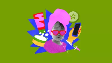 A bright coloured collage. A picture of a young child appears in the middle wearing red love heart sun glasses. She is surrounded by beauty products.