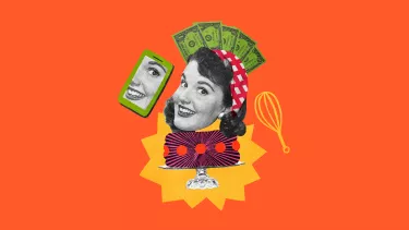 A bright coloured collage. The head of a woman smiling sits on top of a cake surrounded by money and a smart phone.