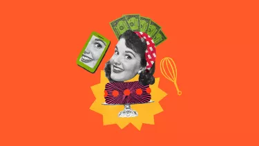 A bright coloured collage. The head of a woman smiling sits on top of a cake surrounded by money and a smart phone.