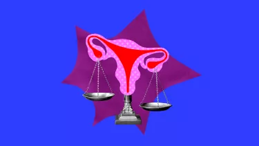 A collage of a uterus made to look like an unbalanced set of scales