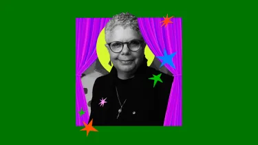 A black-and-white portrait of a person with glasses and curly hair is framed by purple curtains and colorful stars on a green background.