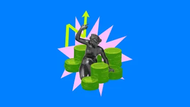 A black statue sits amidst green coin stacks against a blue background.