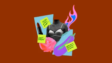 Collage with torso in bra, lipstick, pink rose, eggplant, flames, and sticky notes with reminders.