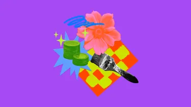 A vibrant collage on a green background features a pink flower, coins, a paintbrush and abstract shapes.