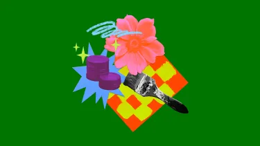 A vibrant collage on a green background features a pink flower, coins, a paintbrush and abstract shapes.