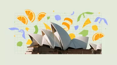 The Sydney Opera House sits on a light green background. Shapes explode out around it including orange peels, birds and shells.