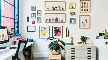 A wall of framed colourful pictures.