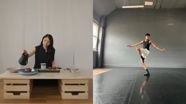 Image of a tea ceremony next to image of a dancer.