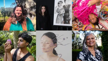 Six images of artists who are speaking on a panel together.