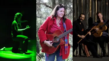 Three images: one of a dancer in green light, one of a woman holding a guitar, and one image of two men holding a guitar and flute.