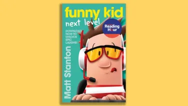 'The Funny Kid' book with a boy in glasses and a gaming headset on the cover.