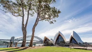 A view of Sydney opera house and Harbour bridge from a park.