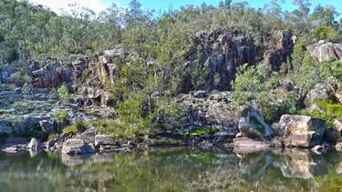 A green landscape filled with rocks and water.