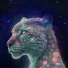 An animated lion head in front of a galaxy.
