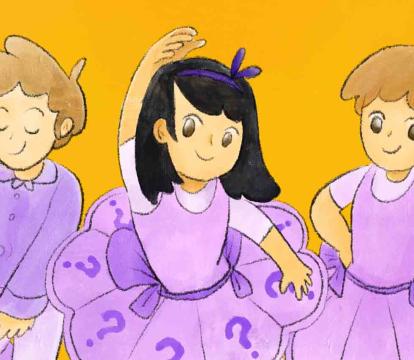 Three illustrated children in ballet outfits.