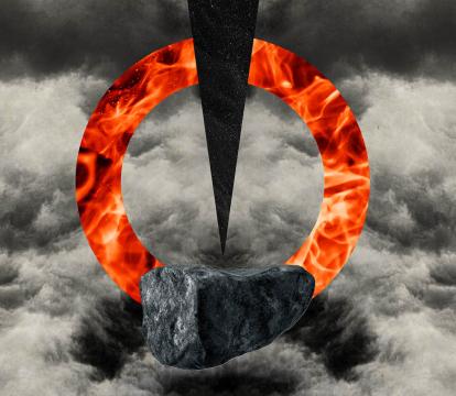 graphic showing a firey circle with a sharp dagger pointing towards a stone superimposed over gloomy clouds