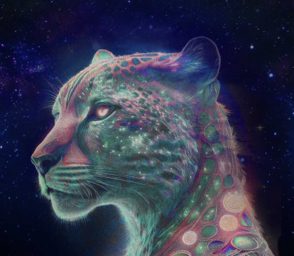 An animated lion head in front of a galaxy.