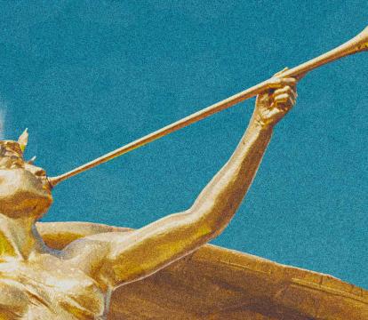 A roman statue of a god plays the trumpet.