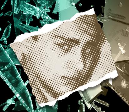 A speckled sepia image of a young boy against a background of broken glass