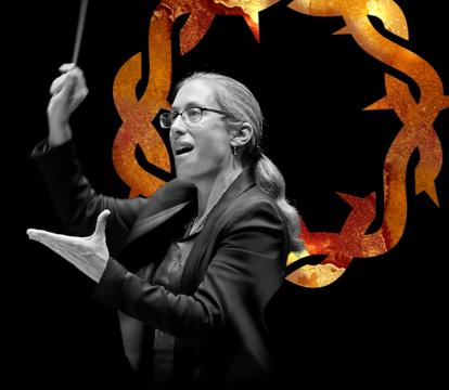 Woman conducts with a baton in her right hand and a graphic of a crown of thorns as the background