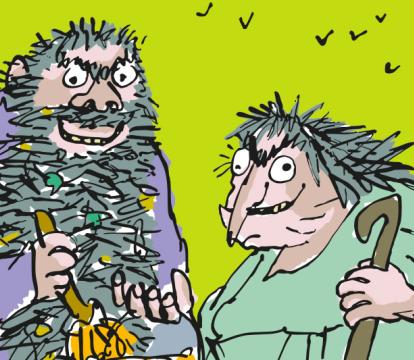 Two cartoon characters stand together. One wears a purple outfit and holds a paintbrush dipped in yellow paint; the other wears green, leans on a cane, and has messy hair. The background is bright green.