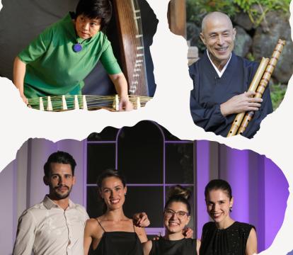 A collage of musicians featuring a woman in green playing a stringed instrument, a man in traditional attire holding flutes, and a smiling group of four elegantly dressed people.