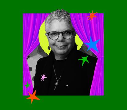 A black-and-white portrait of a person with glasses and curly hair is framed by purple curtains and colorful stars on a green background.