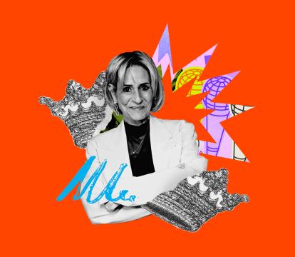 Black and white portrait of a woman in a white blazer against a bright orange background.