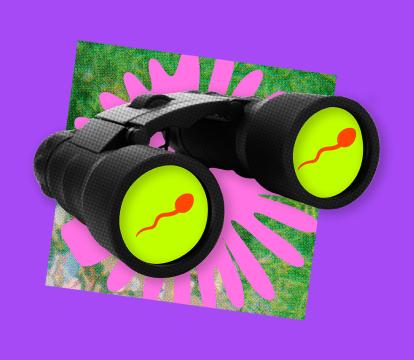 Black binoculars with eyepieces showing red sperm icons on yellow backgrounds.