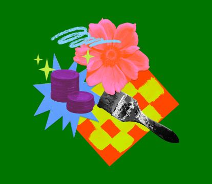 A vibrant collage on a green background features a pink flower, coins, a paintbrush and abstract shapes.