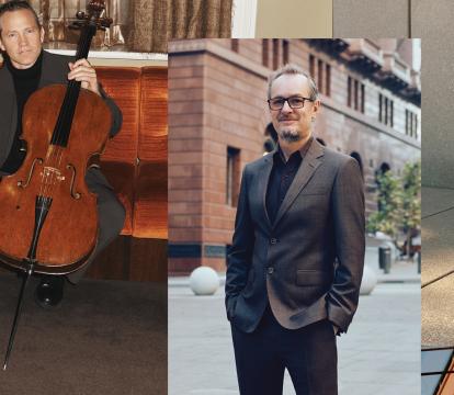 A collage of five portraits of artists in different locations, three holding string instruments.