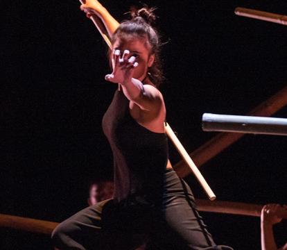 A woman holding a long pole, performing on stage.