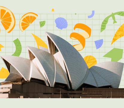 The Sydney Opera House sits on a light green background. Shapes explode out around it including orange peels, birds and shells.