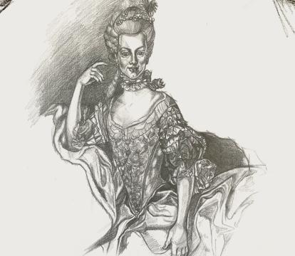 An illustration of a female opera singer wearing an eleborate costume