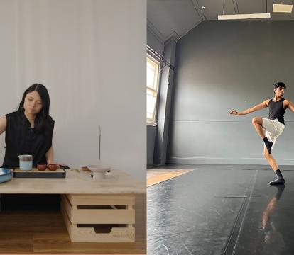 Image of a tea ceremony next to image of a dancer.