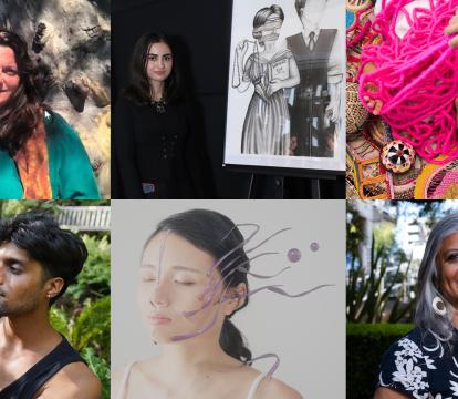 Six images of artists who are speaking on a panel together.