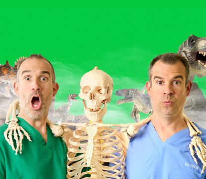 Two men and a skeleton look surprised. There are dinosaurs and mist in the background.