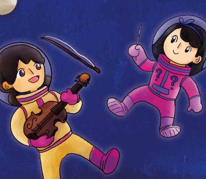 An illustration of two children in spacesuits floating aside the planets.