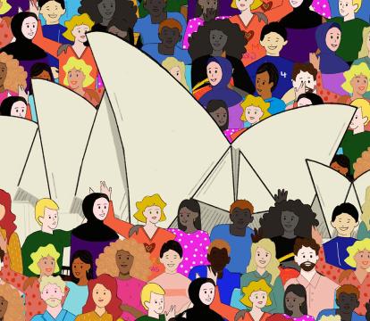 An animation of Sydney opera house with diverse people around it.