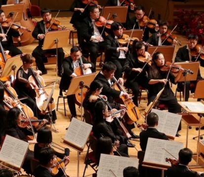 An orchestra performing on stage, with musicians playing string instruments, guided by a conductor. The audience watches, and red flowers line the stage.
