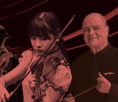 A Singaporean man and woman play the cello and violin respectively next to an older white man holding a conductor's baton, all basked in a red light filter.